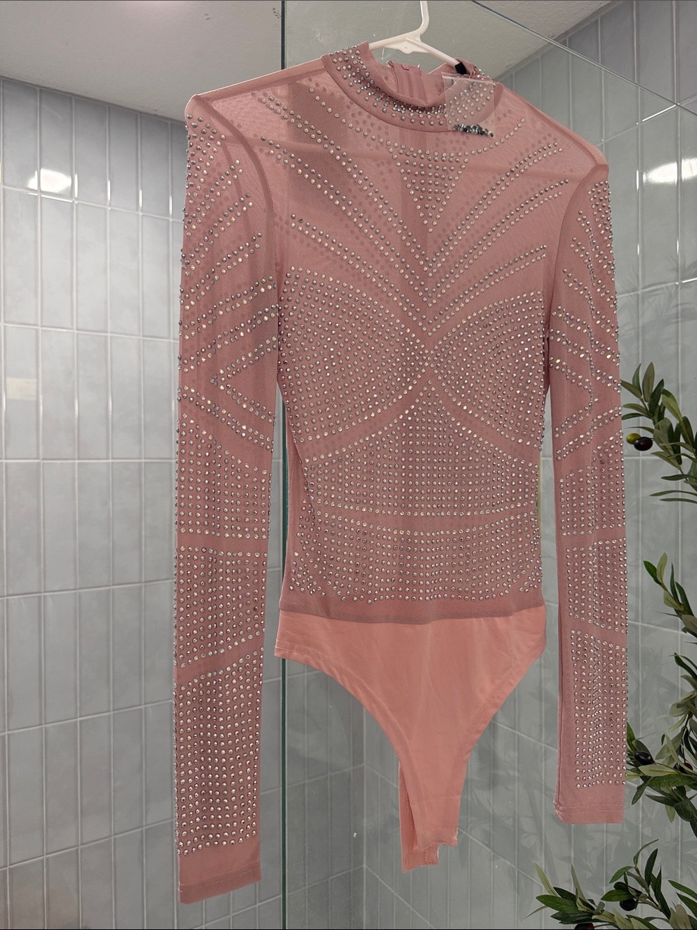 Pink Rhinestone High-Neck Long Sleeve Bodysuit
